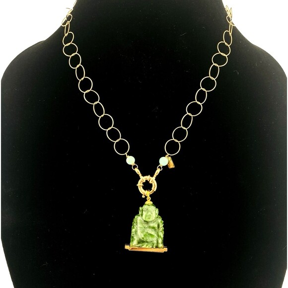 Winnard  Carved Spinach Jadeite Jade Buddha Gold Filled Pendant Signed Vintage - Picture 2 of 4